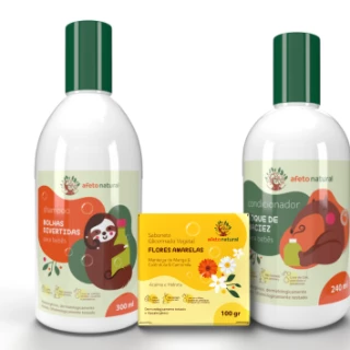 Kit Banho Infantil Hipoalergênico Shampoo 300ml Condicionador 240ml Sabonete Vegetal em Barra 100g Flores Amarelas
