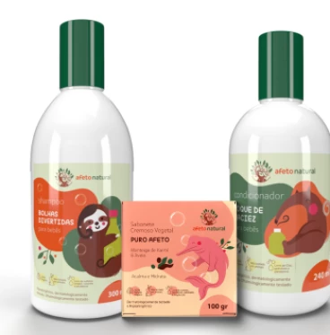 Imagem Kit Banho Infantil Hipoalergênico Shampoo 300ml Condicionador 240ml Sabonete Vegetal em Barra 100g Puro Afeto